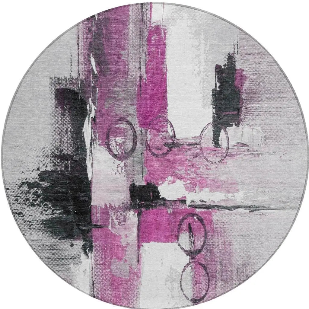 8' Pink And Silver Round Abstract Washable Indoor Outdoor Area Rug Homeroots Outdoor