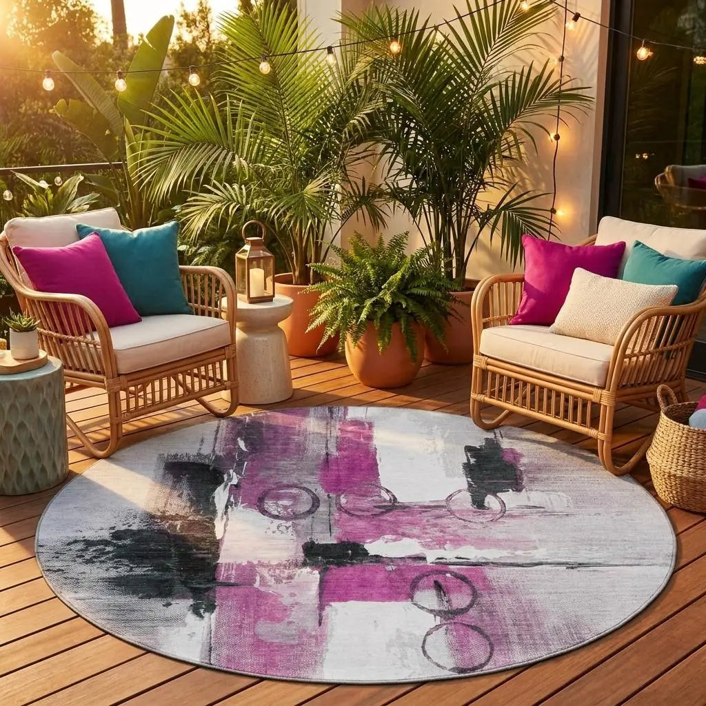 8' Pink And Silver Round Abstract Washable Indoor Outdoor Area Rug Homeroots Outdoor