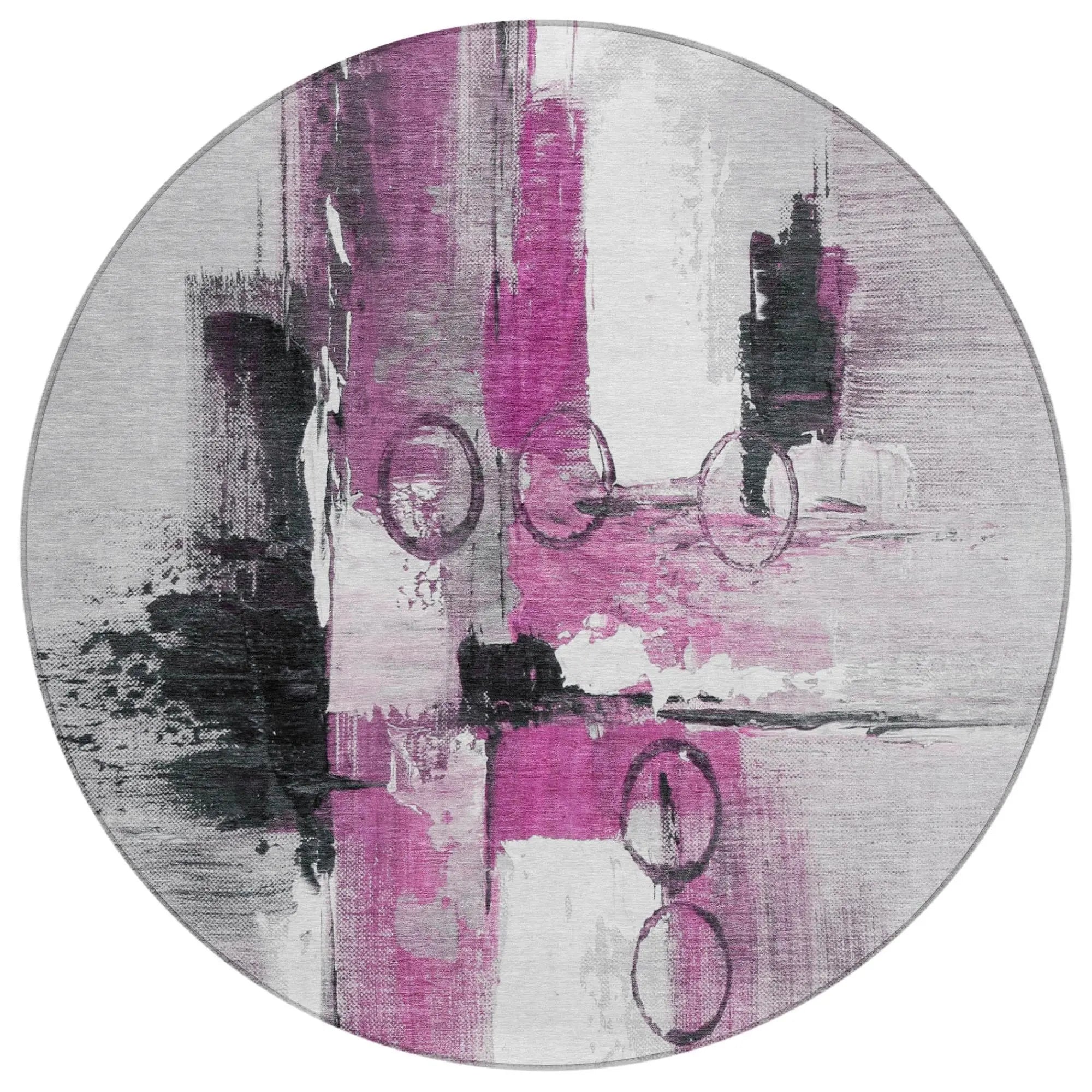 8' Pink And Silver Round Abstract Washable Indoor Outdoor Area Rug Homeroots Outdoor