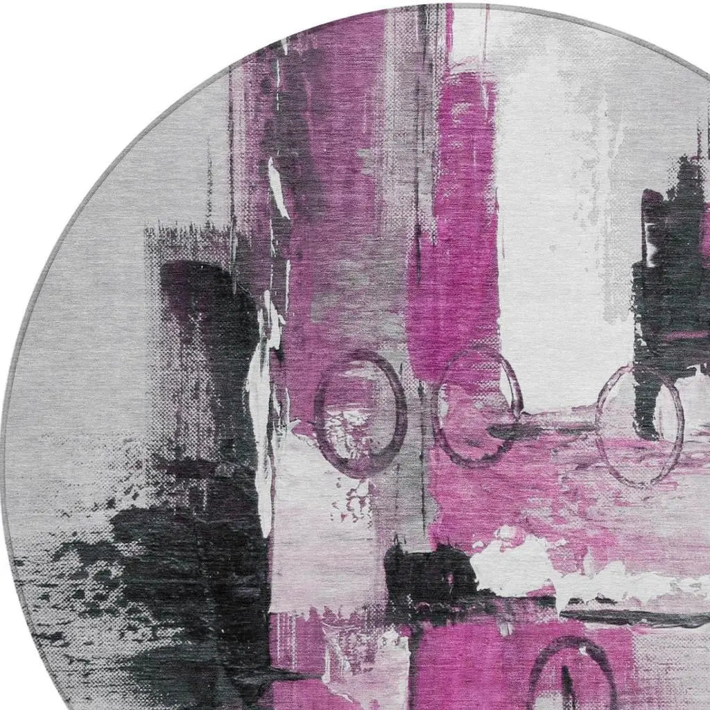 8' Pink And Silver Round Abstract Washable Indoor Outdoor Area Rug Homeroots Outdoor