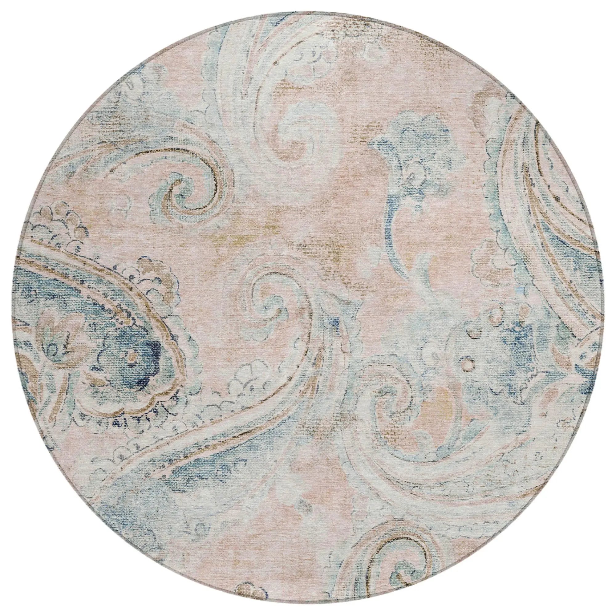 8' Pink And Silver Round Paisley Washable Indoor Outdoor Area Rug Homeroots Outdoor