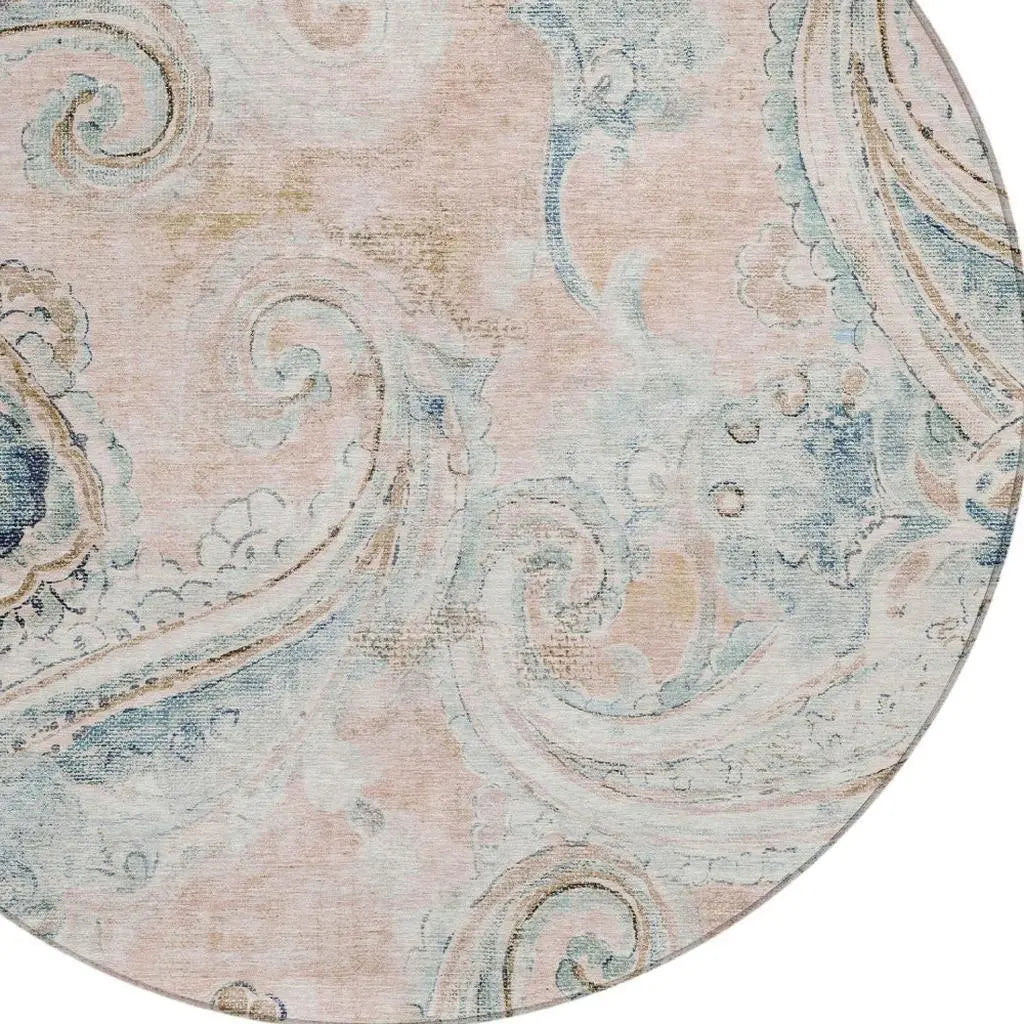 8' Pink And Silver Round Paisley Washable Indoor Outdoor Area Rug Homeroots Outdoor