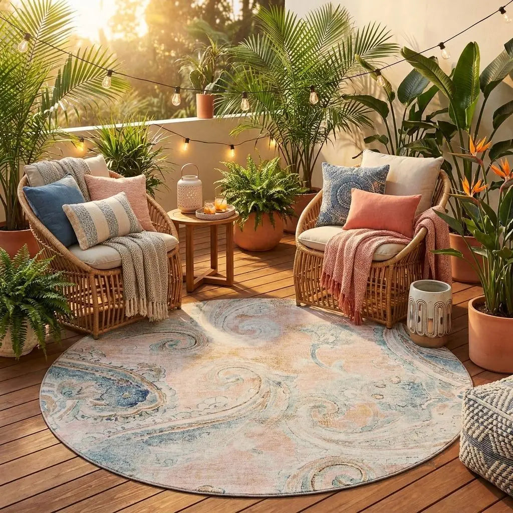 8' Pink And Silver Round Paisley Washable Indoor Outdoor Area Rug Homeroots Outdoor
