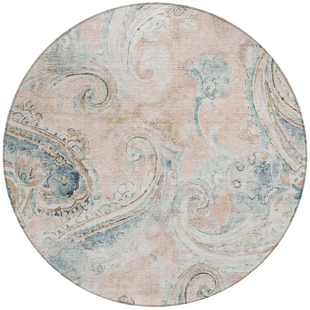8' Pink And Silver Round Paisley Washable Indoor Outdoor Area Rug Homeroots Outdoor