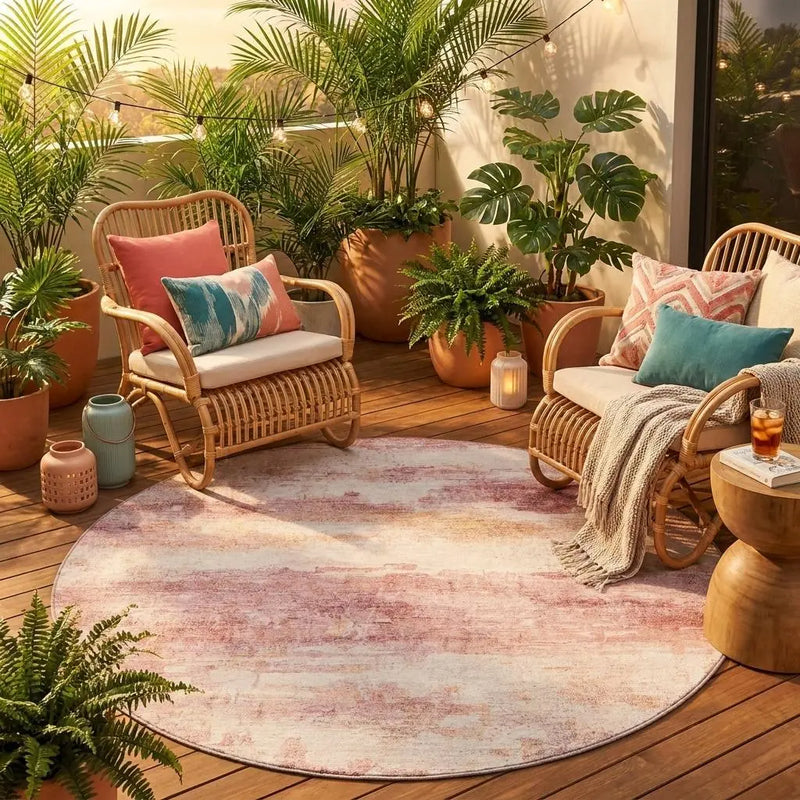 8' Pink And Tan Round Abstract Washable Indoor Outdoor Area Rug Homeroots Outdoor