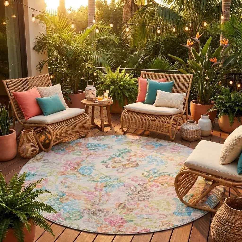 8' Pink And Tan Round Floral Washable Indoor Outdoor Area Rug Homeroots Outdoor
