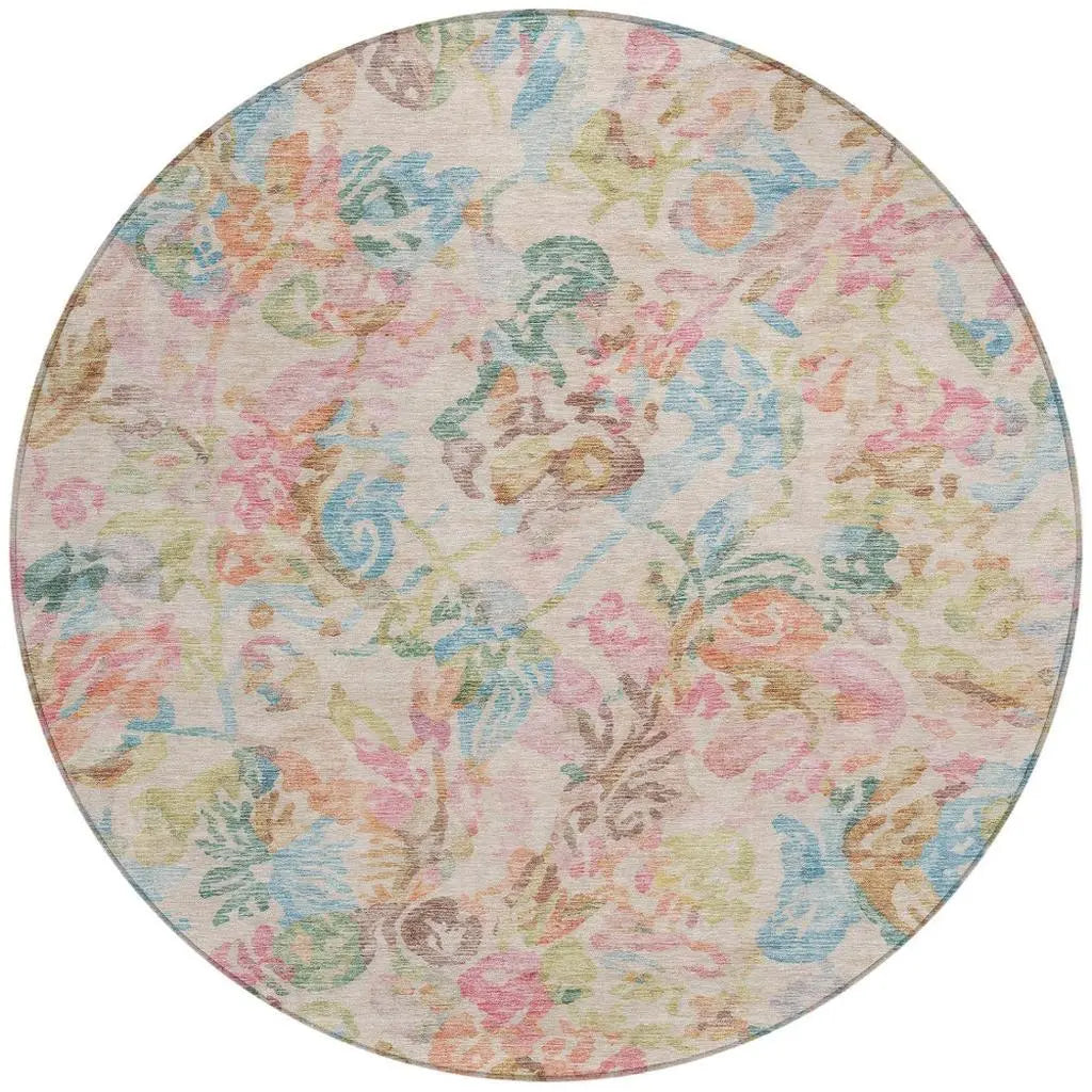 8' Pink And Tan Round Floral Washable Indoor Outdoor Area Rug Homeroots Outdoor