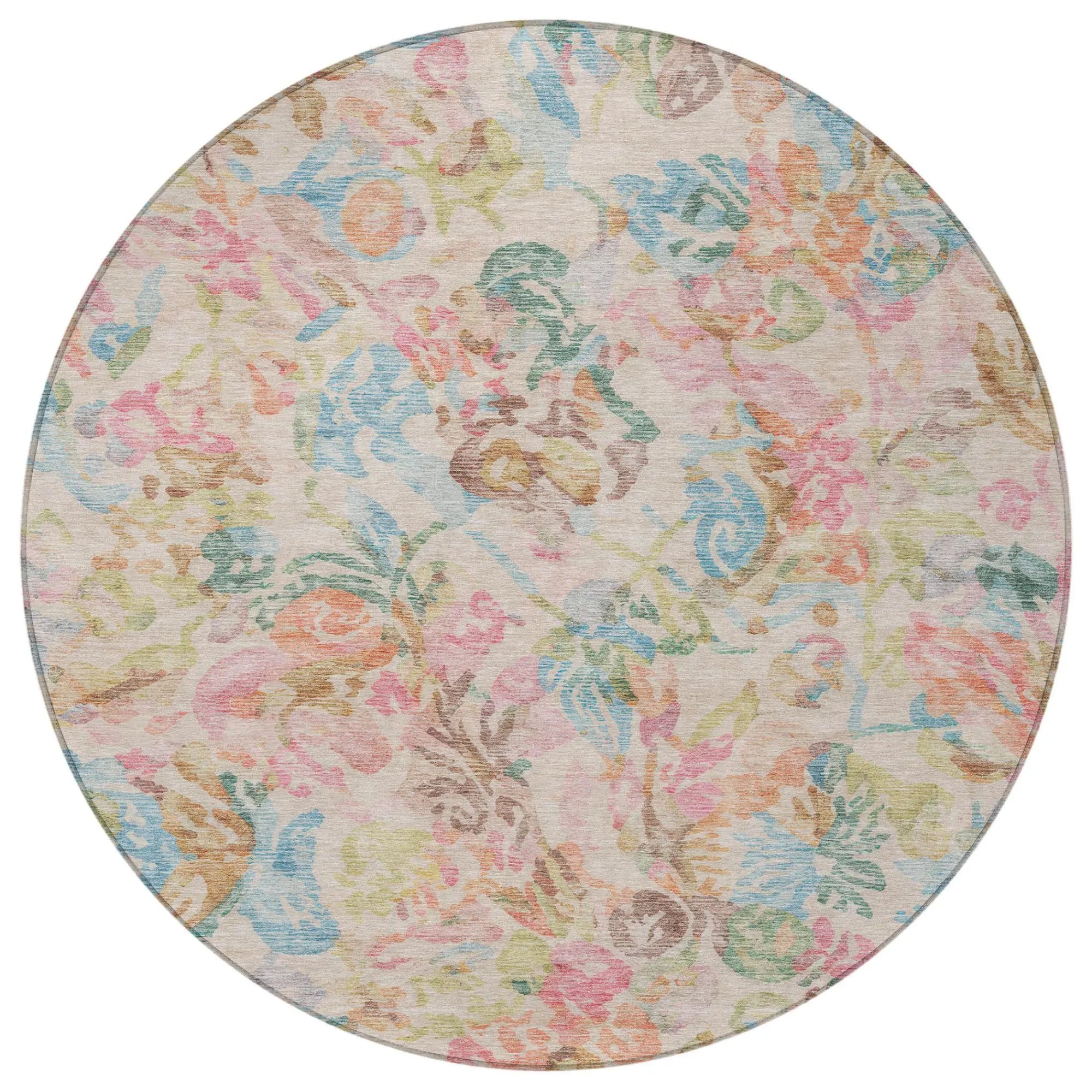 8' Pink And Tan Round Floral Washable Indoor Outdoor Area Rug Homeroots Outdoor
