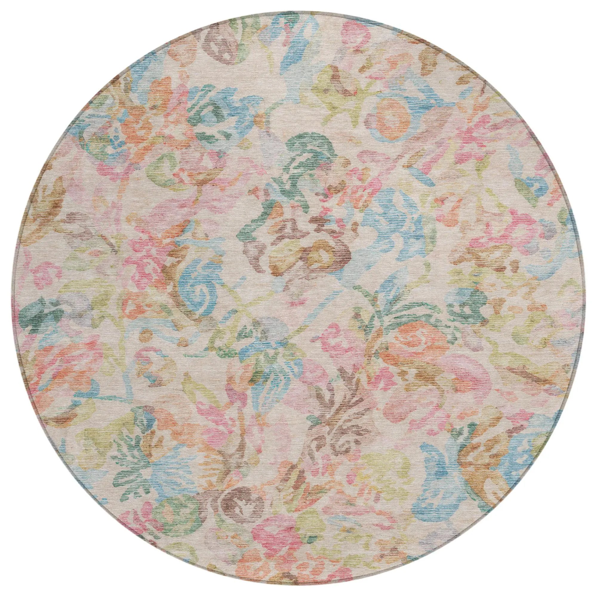8' Pink And Tan Round Floral Washable Indoor Outdoor Area Rug Homeroots Outdoor