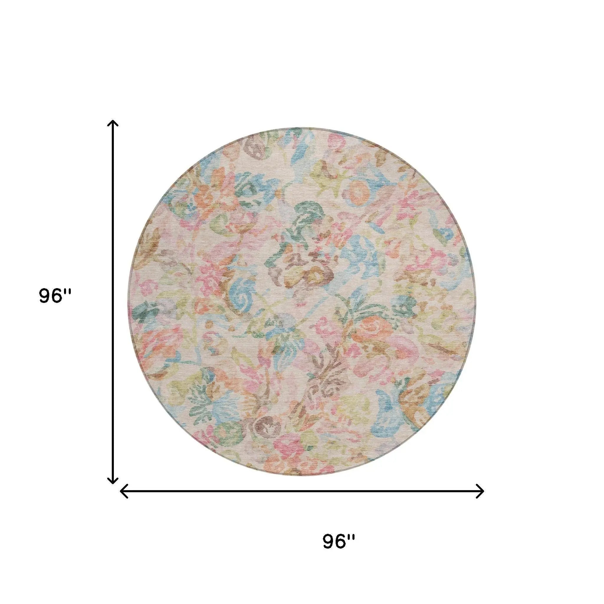 8' Pink And Tan Round Floral Washable Indoor Outdoor Area Rug Homeroots Outdoor