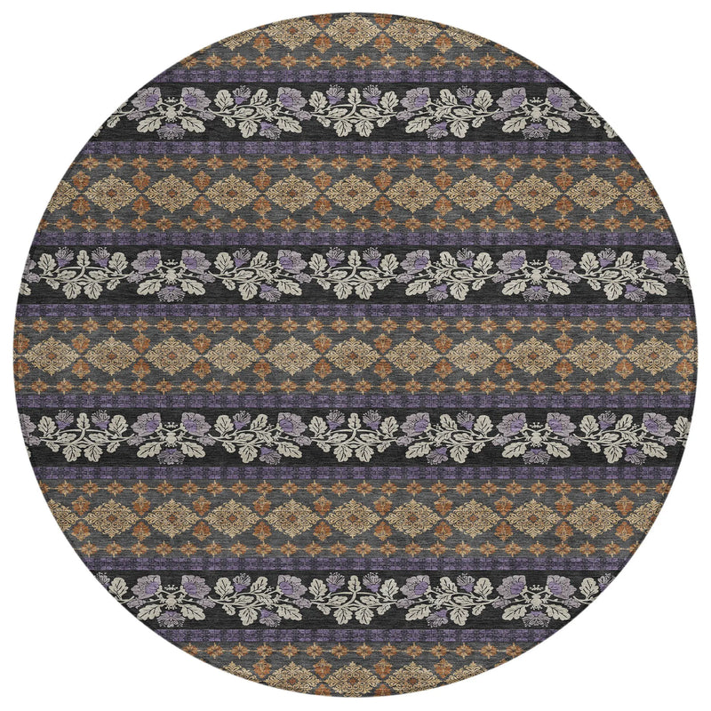 8' Plum And Copper Round Striped Washable Indoor Outdoor Area Rug Homeroots Outdoor