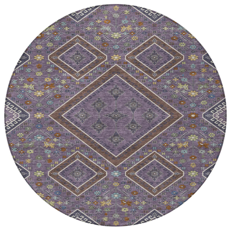 8' Plum And Eggplant Round Medallion Washable Indoor Outdoor Area Rug Homeroots Outdoor
