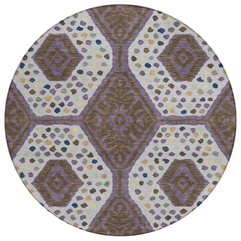 8' Plum And Eggplant Round Tribal Washable Indoor Outdoor Area Rug Homeroots Outdoor