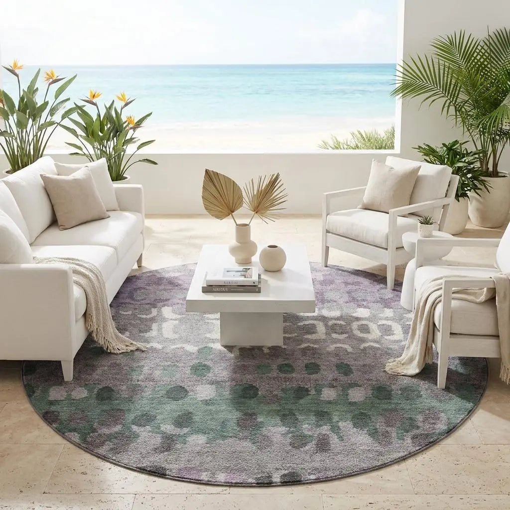 8' Plum And Gray Round Geometric Washable Indoor Outdoor Area Rug Homeroots Outdoor
