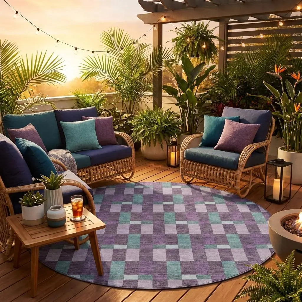 8' Plum And Lavender Round Geometric Washable Indoor Outdoor Area Rug Homeroots Outdoor