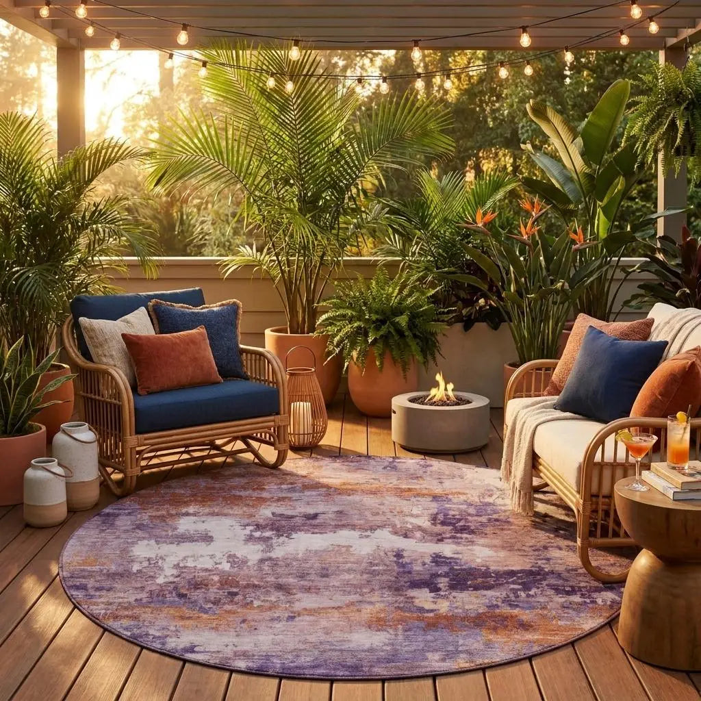 8' Plum And Purple Round Abstract Washable Indoor Outdoor Area Rug Homeroots Outdoor