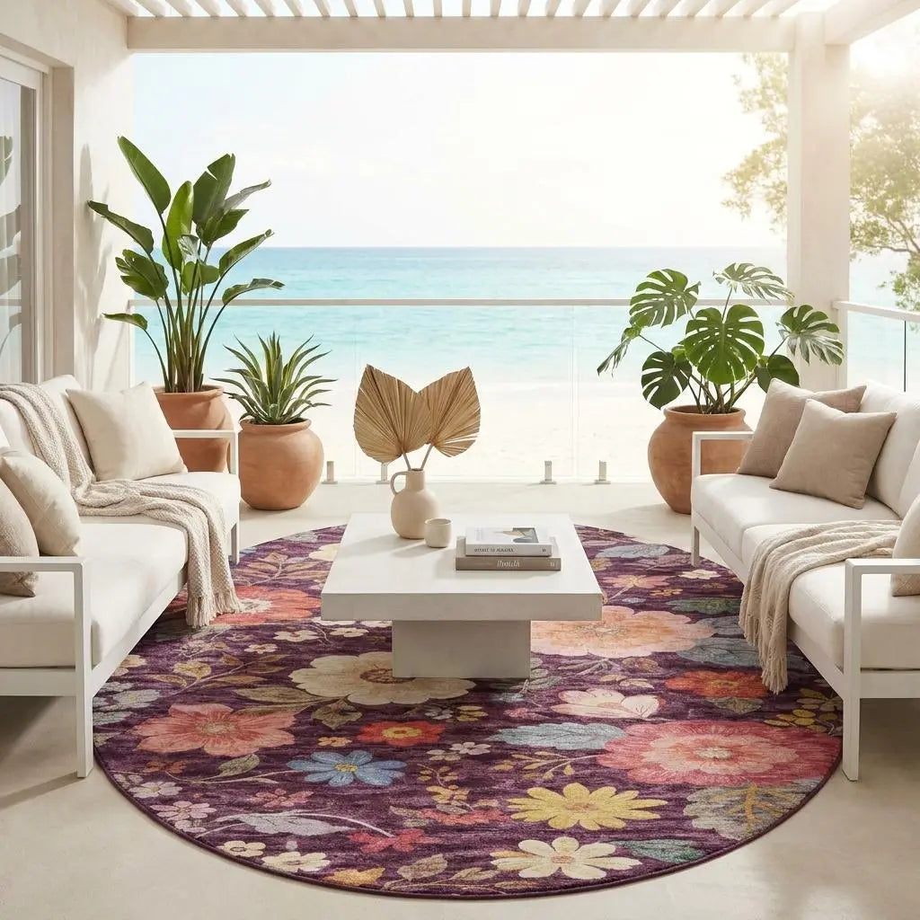 8' Plum And Purple Round Floral Washable Indoor Outdoor Area Rug Homeroots Outdoor