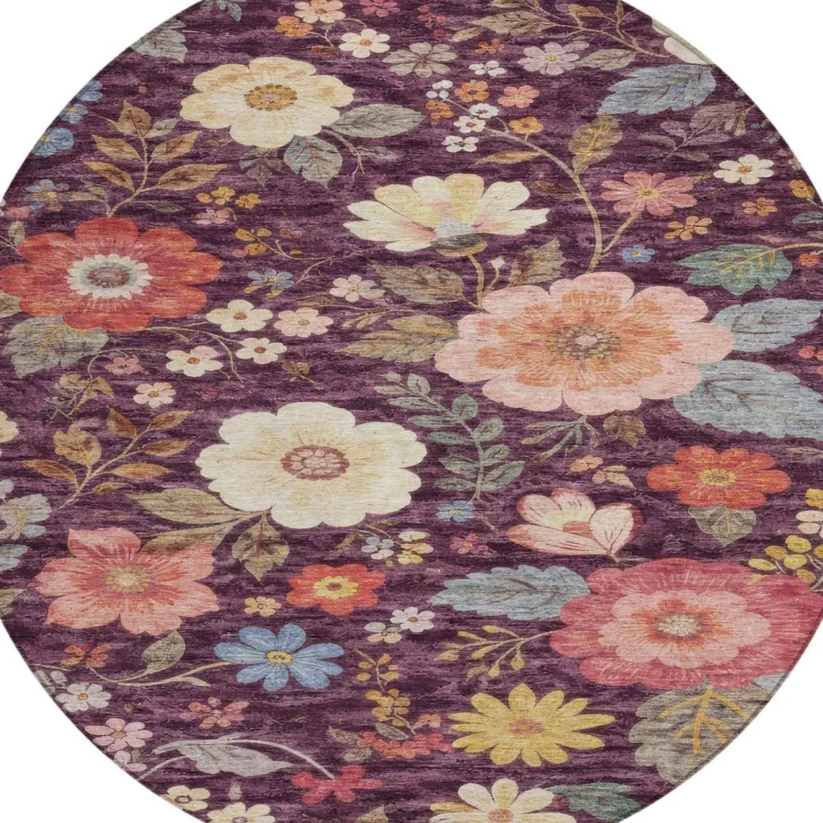 8' Plum And Purple Round Floral Washable Indoor Outdoor Area Rug Homeroots Outdoor