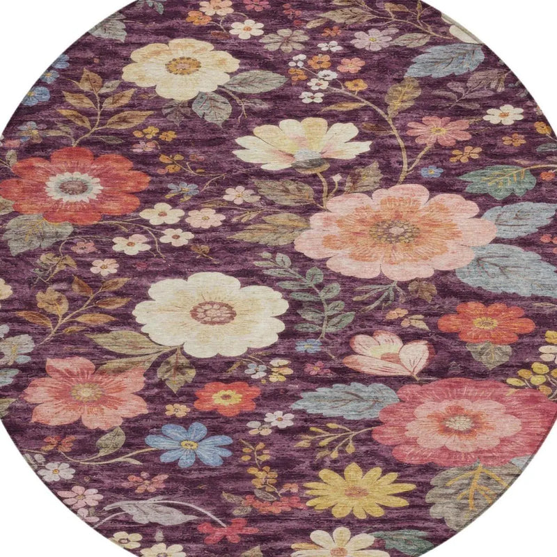 8' Plum And Purple Round Floral Washable Indoor Outdoor Area Rug Homeroots Outdoor