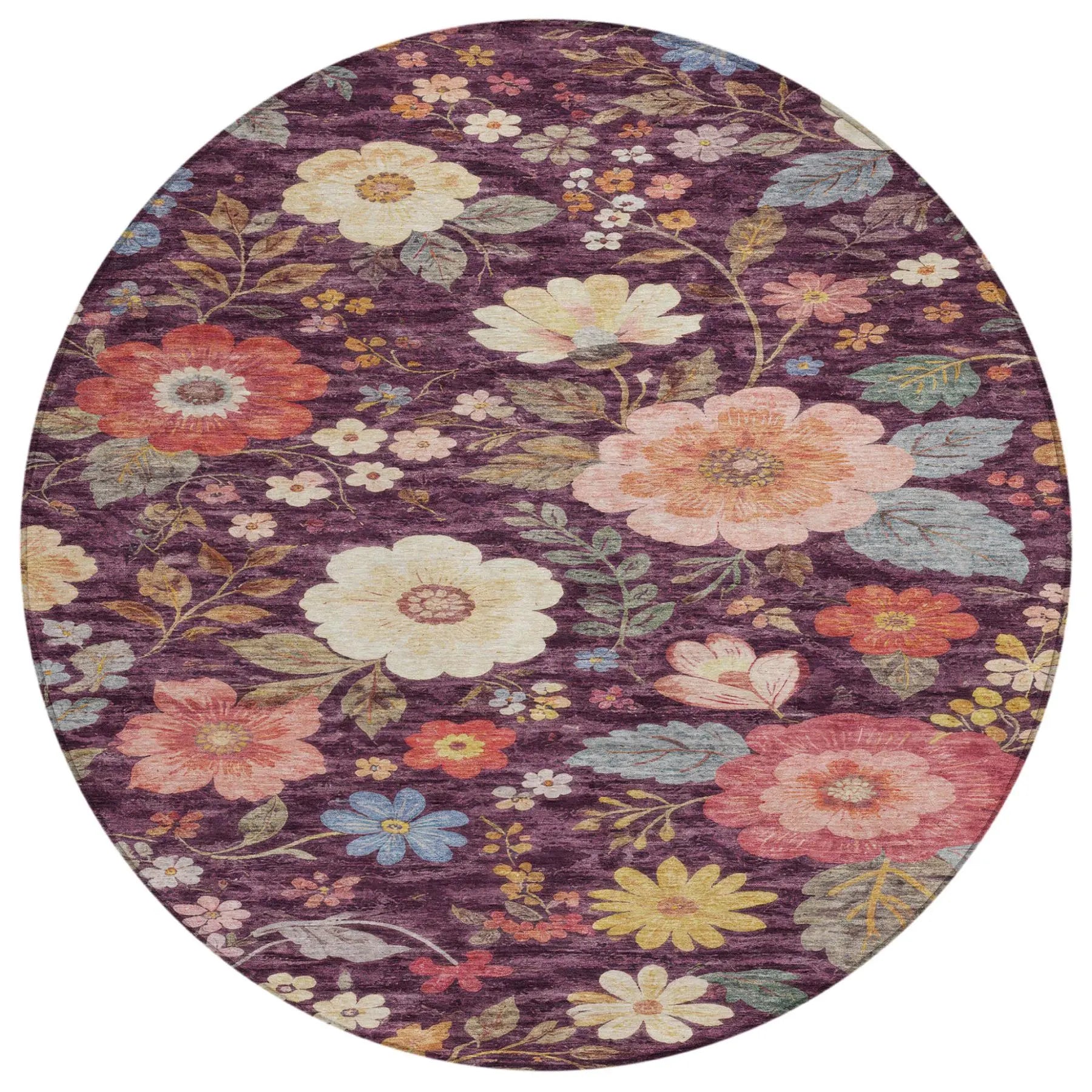8' Plum And Purple Round Floral Washable Indoor Outdoor Area Rug Homeroots Outdoor
