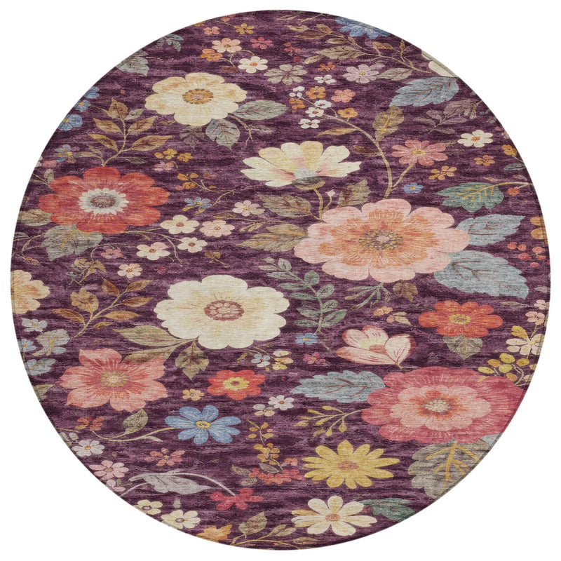 8' Plum And Purple Round Floral Washable Indoor Outdoor Area Rug Homeroots Outdoor