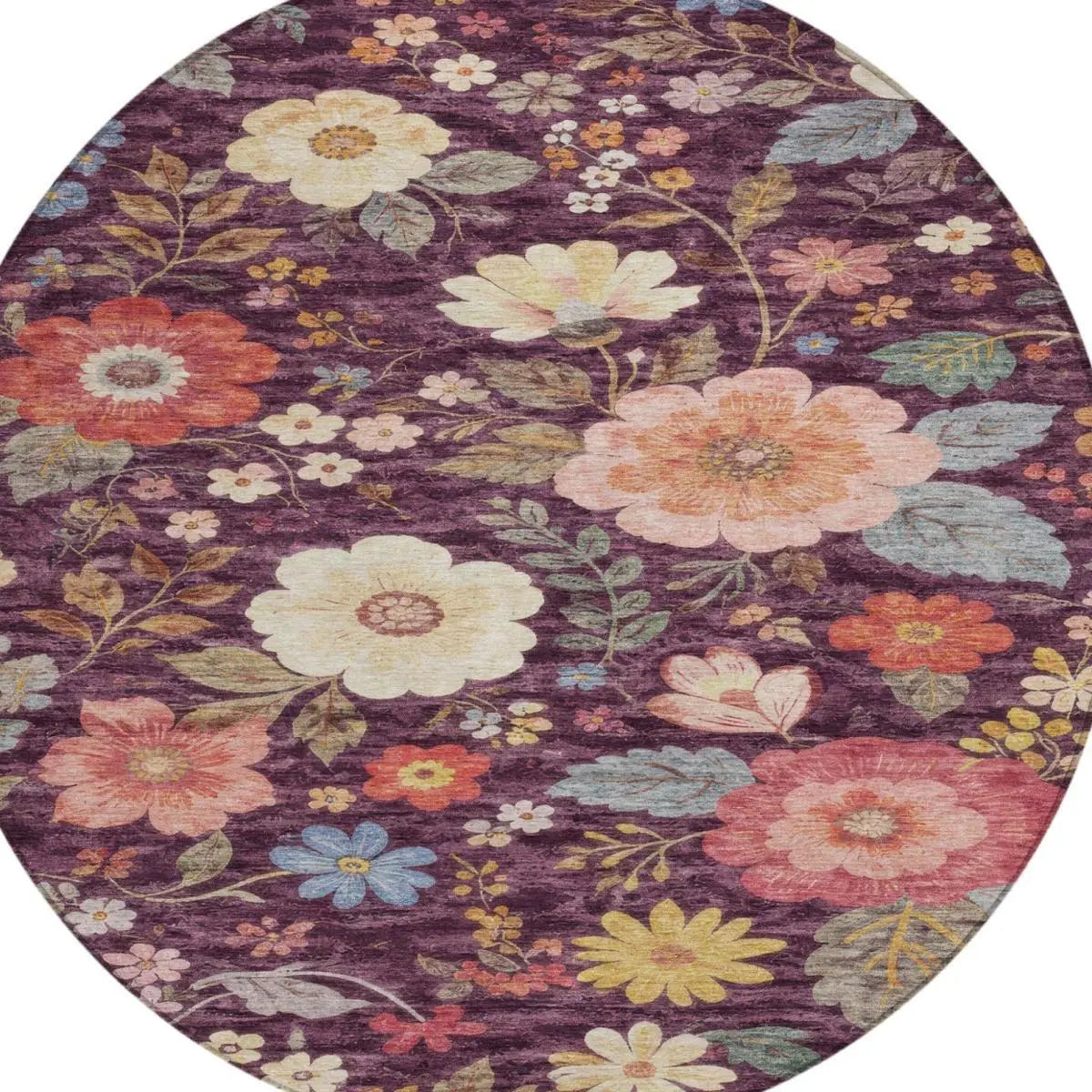 8' Plum And Purple Round Floral Washable Indoor Outdoor Area Rug Homeroots Outdoor