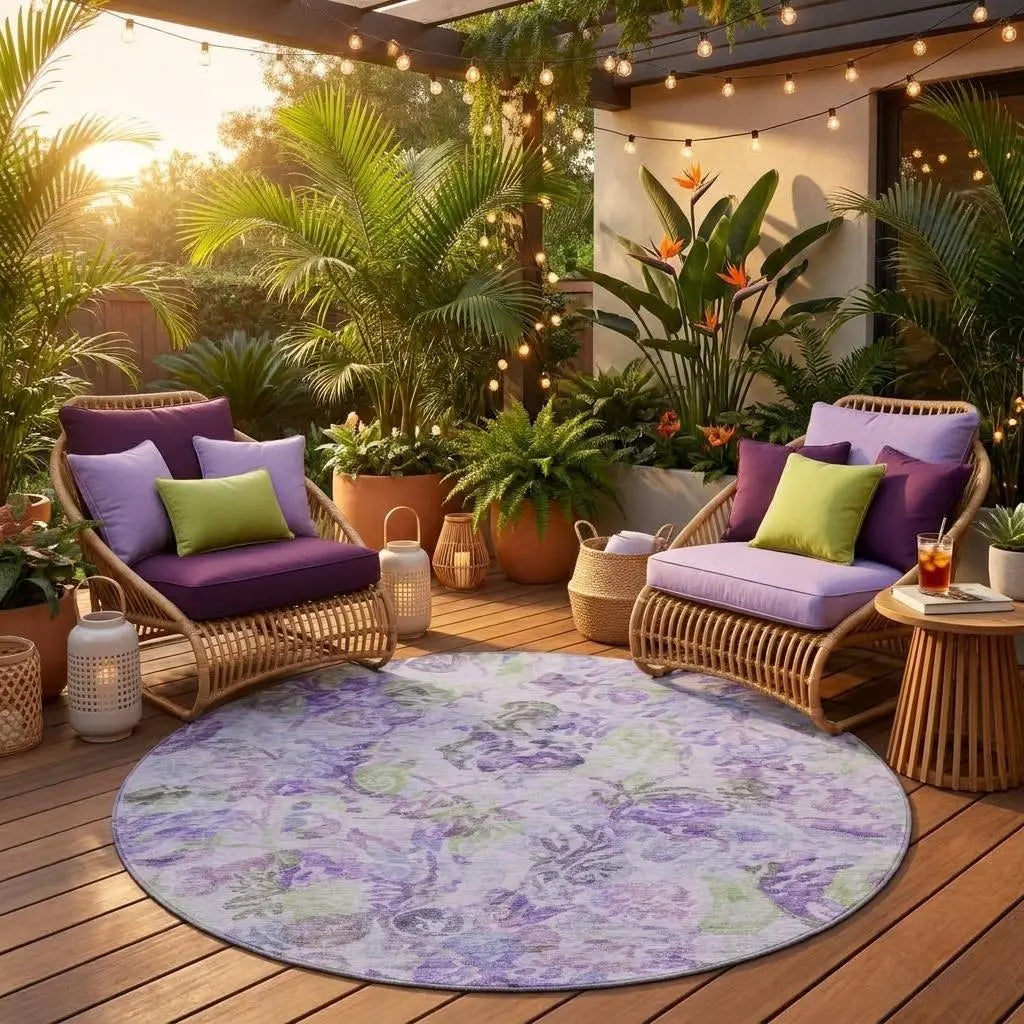 8' Plum And Purple Round Floral Washable Indoor Outdoor Area Rug Homeroots Outdoor