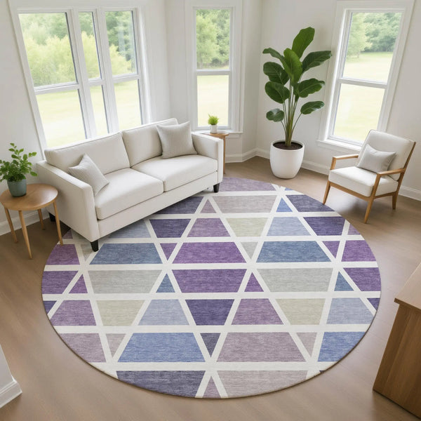 8' Plum And Purple Round Geometric Washable Indoor Outdoor Area Rug Homeroots Outdoor