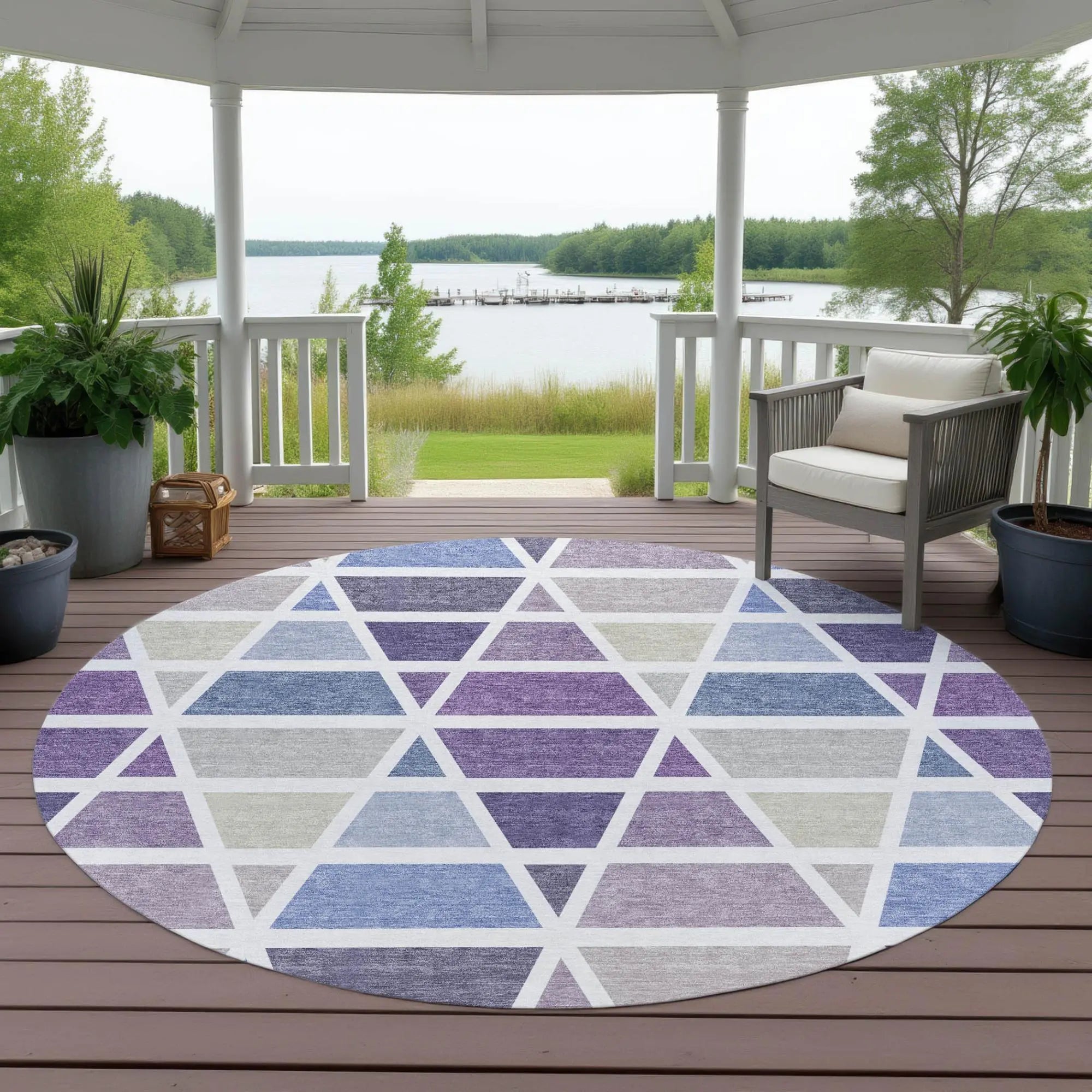 8' Plum And Purple Round Geometric Washable Indoor Outdoor Area Rug Homeroots Outdoor