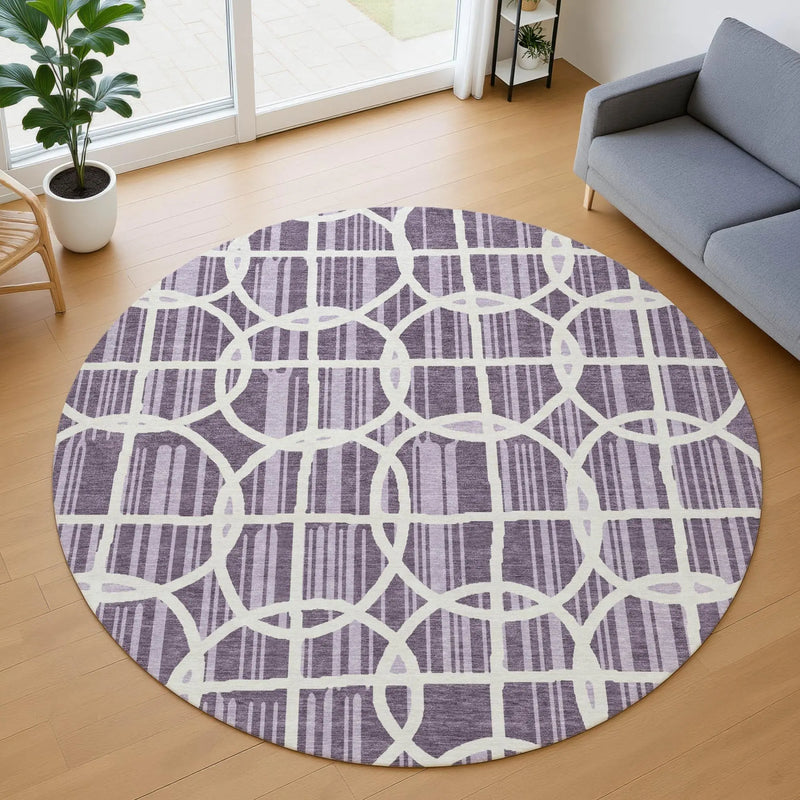 8' Plum And Purple Round Geometric Washable Indoor Outdoor Area Rug Homeroots Outdoor