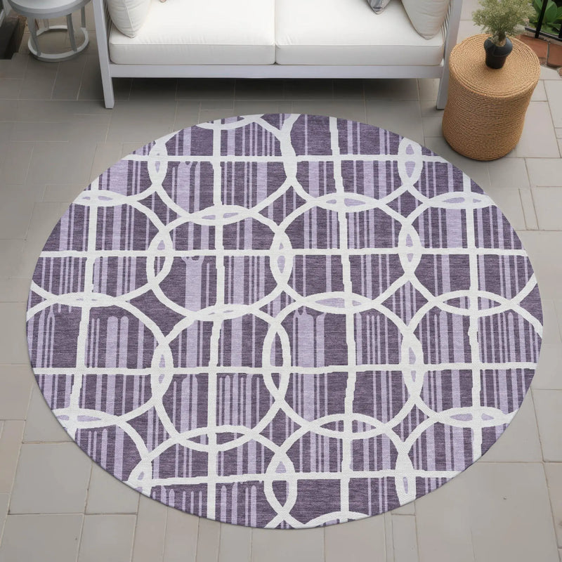8' Plum And Purple Round Geometric Washable Indoor Outdoor Area Rug Homeroots Outdoor