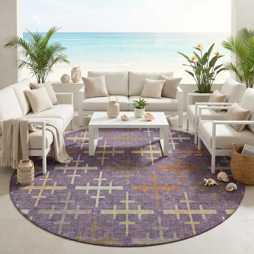 8' Plum And Purple Round Geometric Washable Indoor Outdoor Area Rug Homeroots Outdoor