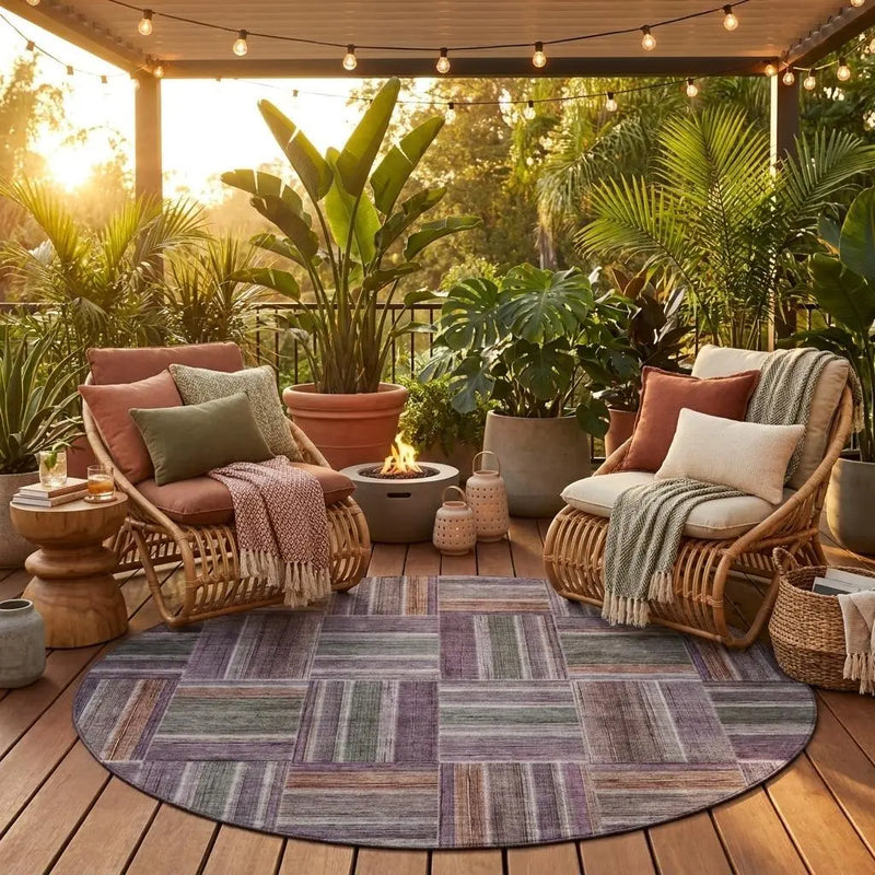 8' Plum And Purple Round Geometric Washable Indoor Outdoor Area Rug Homeroots Outdoor