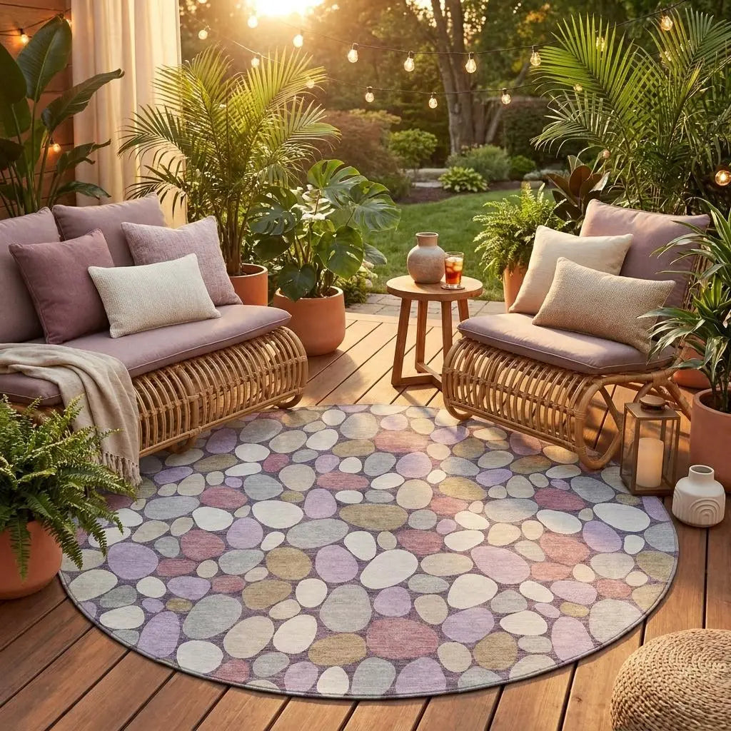8' Plum And Purple Round Geometric Washable Indoor Outdoor Area Rug Homeroots Outdoor