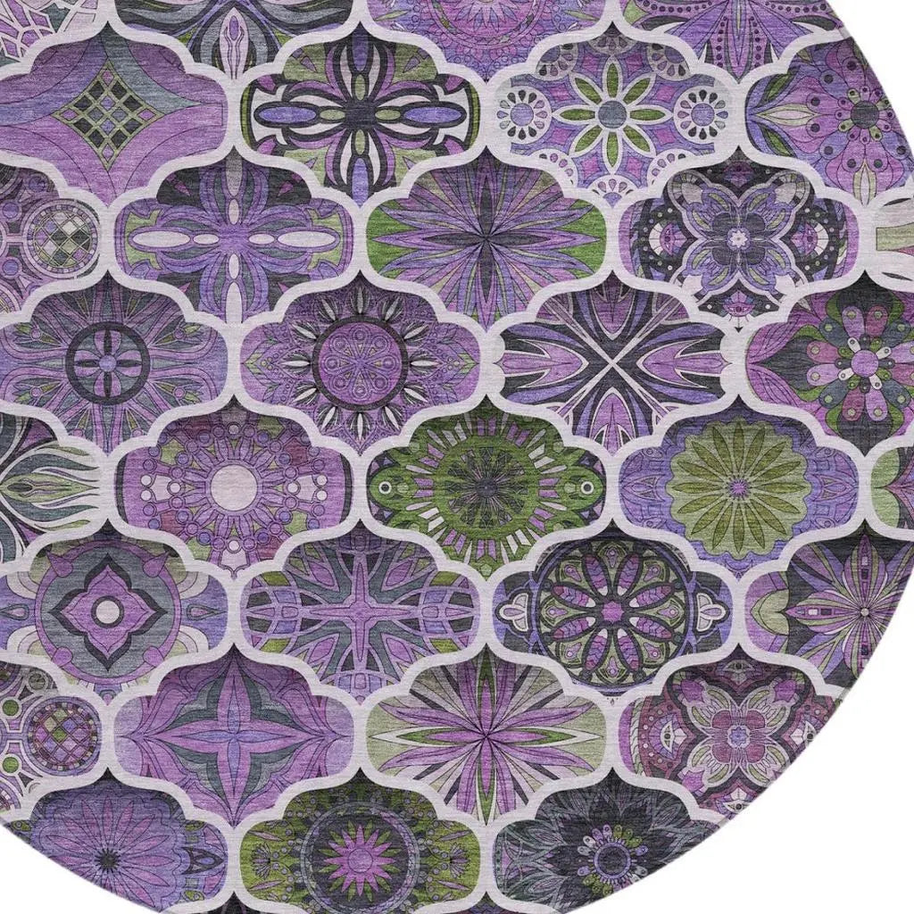 8' Plum And Purple Round Ogee Washable Indoor Outdoor Area Rug Homeroots Outdoor