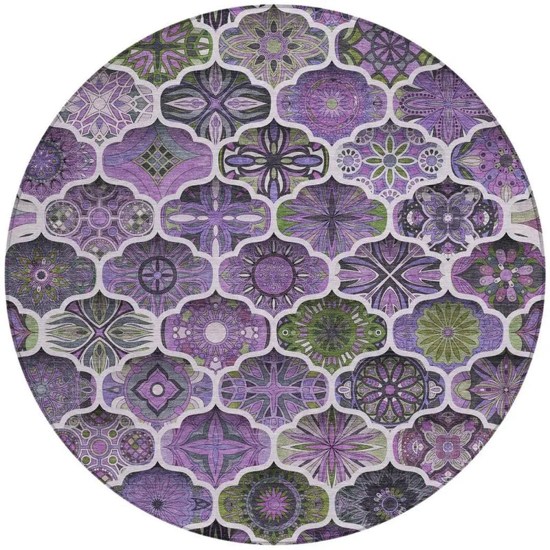 8' Plum And Purple Round Ogee Washable Indoor Outdoor Area Rug Homeroots Outdoor