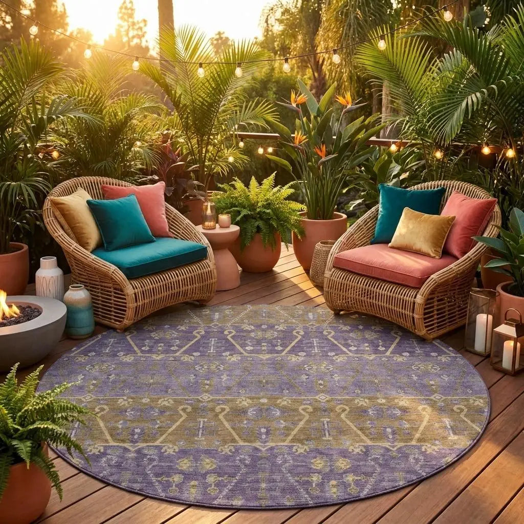 8' Plum And Purple Round Oriental Washable Indoor Outdoor Area Rug Homeroots Outdoor