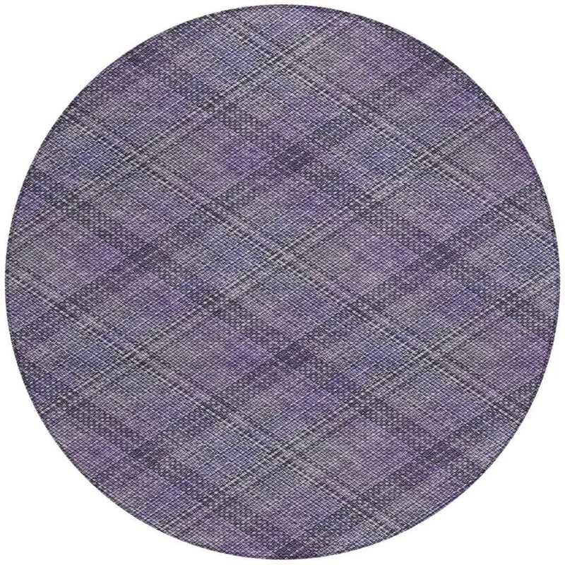 8' Plum And Purple Round Plaid Washable Indoor Outdoor Area Rug Homeroots Outdoor