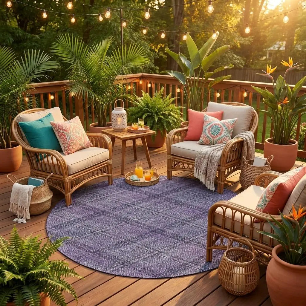 8' Plum And Purple Round Plaid Washable Indoor Outdoor Area Rug Homeroots Outdoor