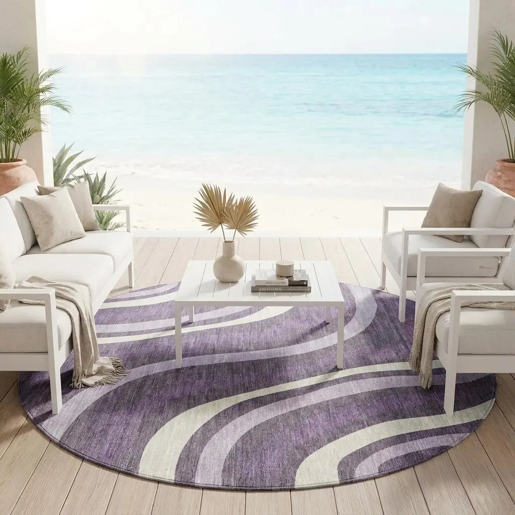 8' Plum And Purple Round Striped Washable Indoor Outdoor Area Rug Homeroots Outdoor