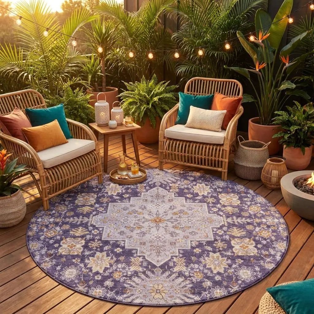 8' Purple And Blush Round Oriental Washable Indoor Outdoor Area Rug Homeroots Outdoor