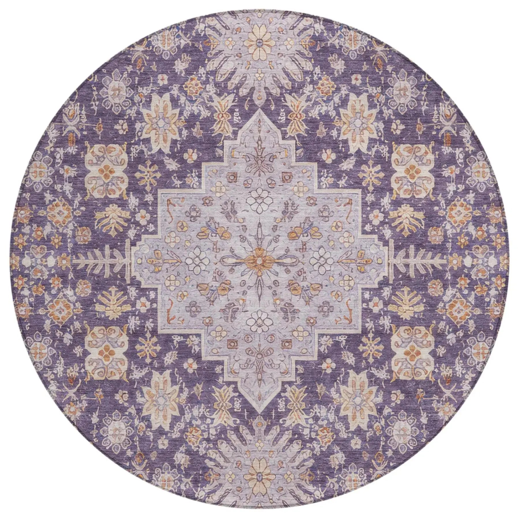 8' Purple And Blush Round Oriental Washable Indoor Outdoor Area Rug Homeroots Outdoor