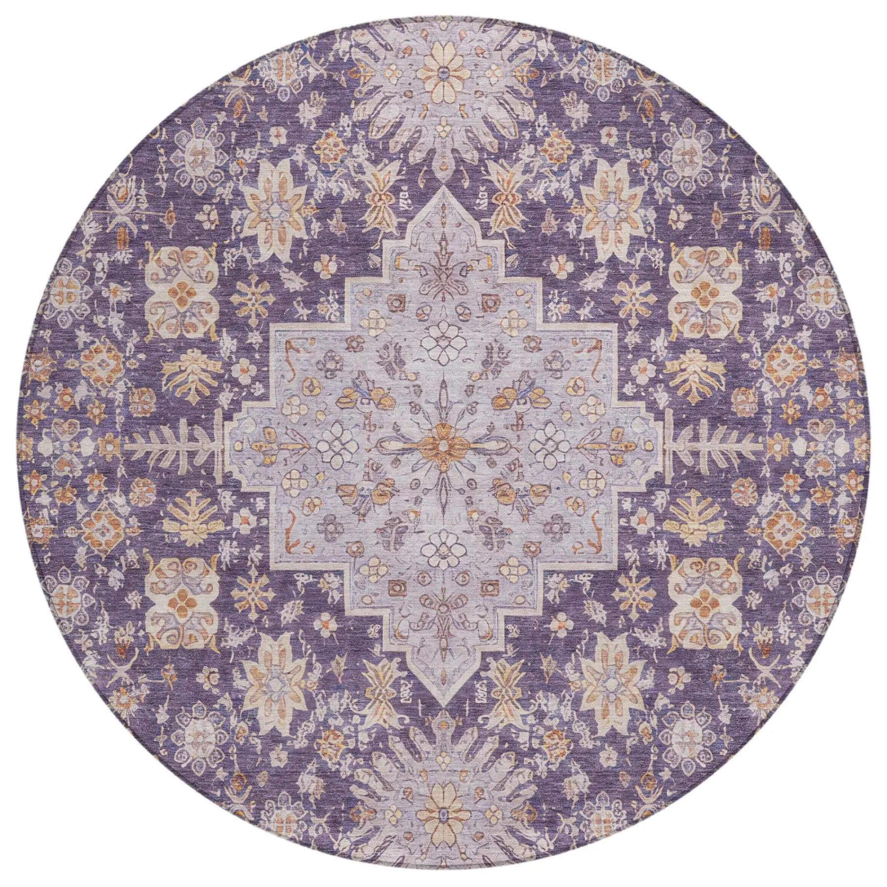 8' Purple And Blush Round Oriental Washable Indoor Outdoor Area Rug Homeroots Outdoor