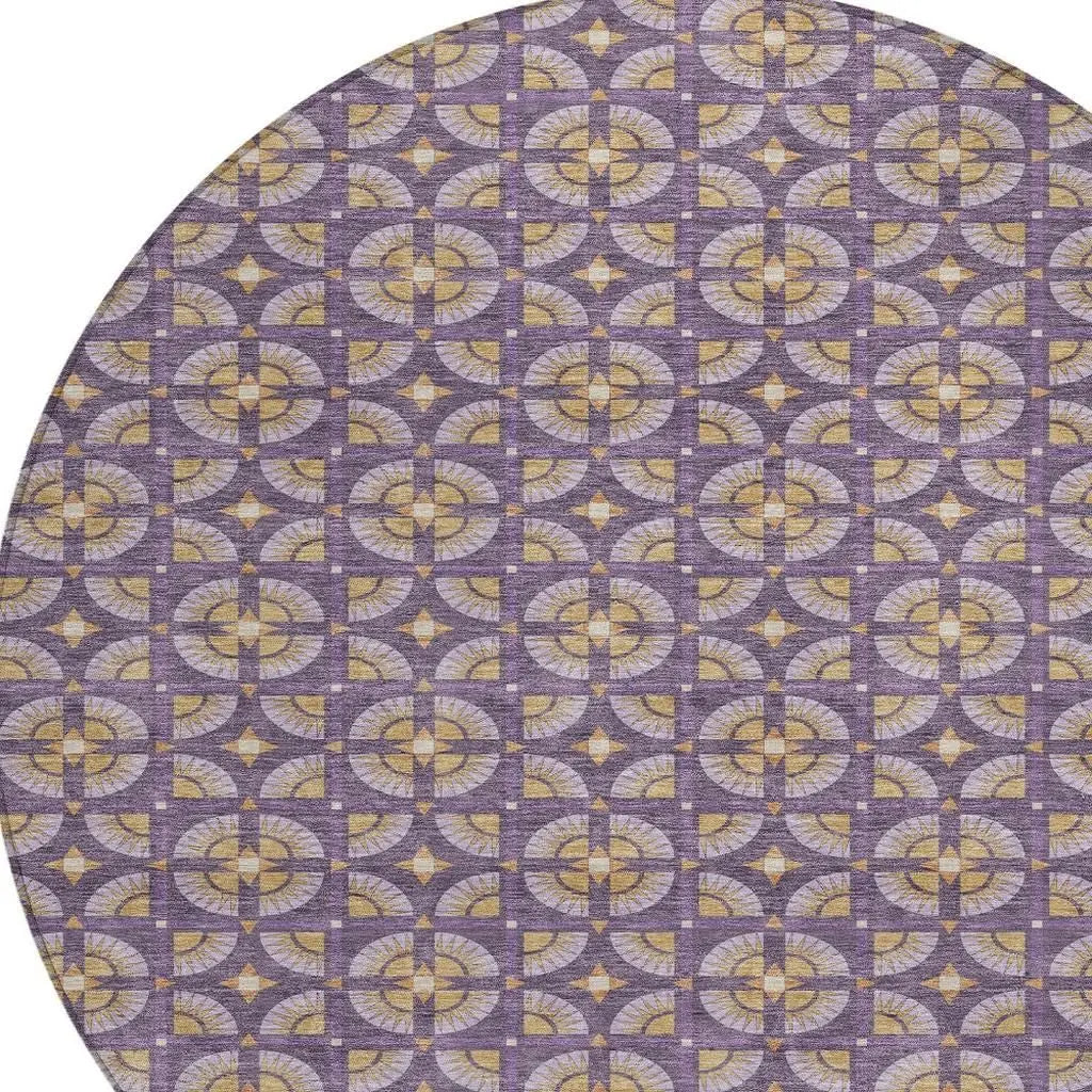 8' Purple And Gold Round Geometric Washable Indoor Outdoor Area Rug Homeroots Outdoor