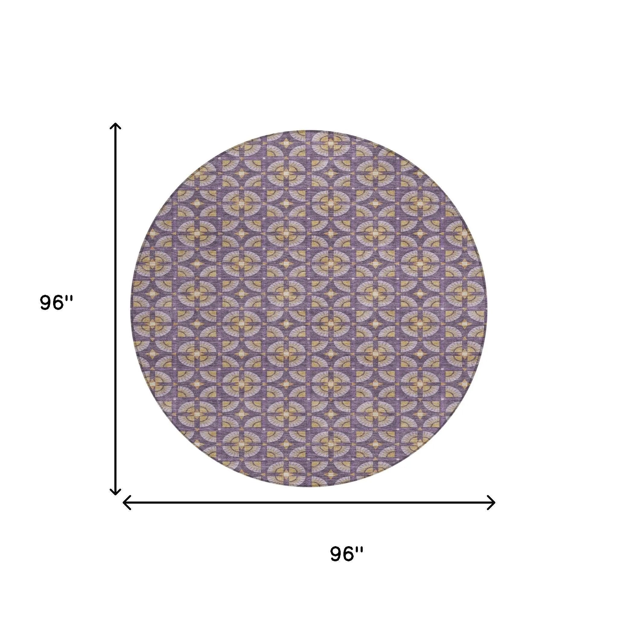8' Purple And Gold Round Geometric Washable Indoor Outdoor Area Rug Homeroots Outdoor