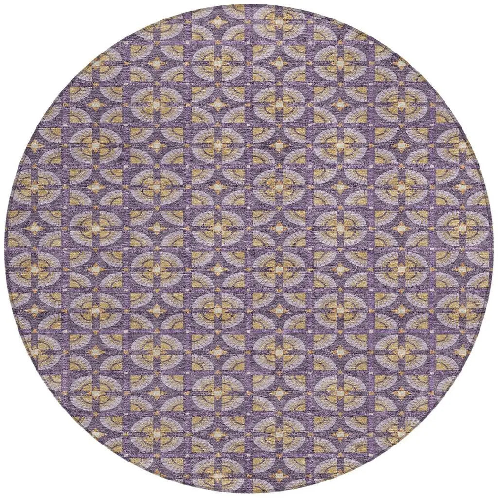 8' Purple And Gold Round Geometric Washable Indoor Outdoor Area Rug Homeroots Outdoor