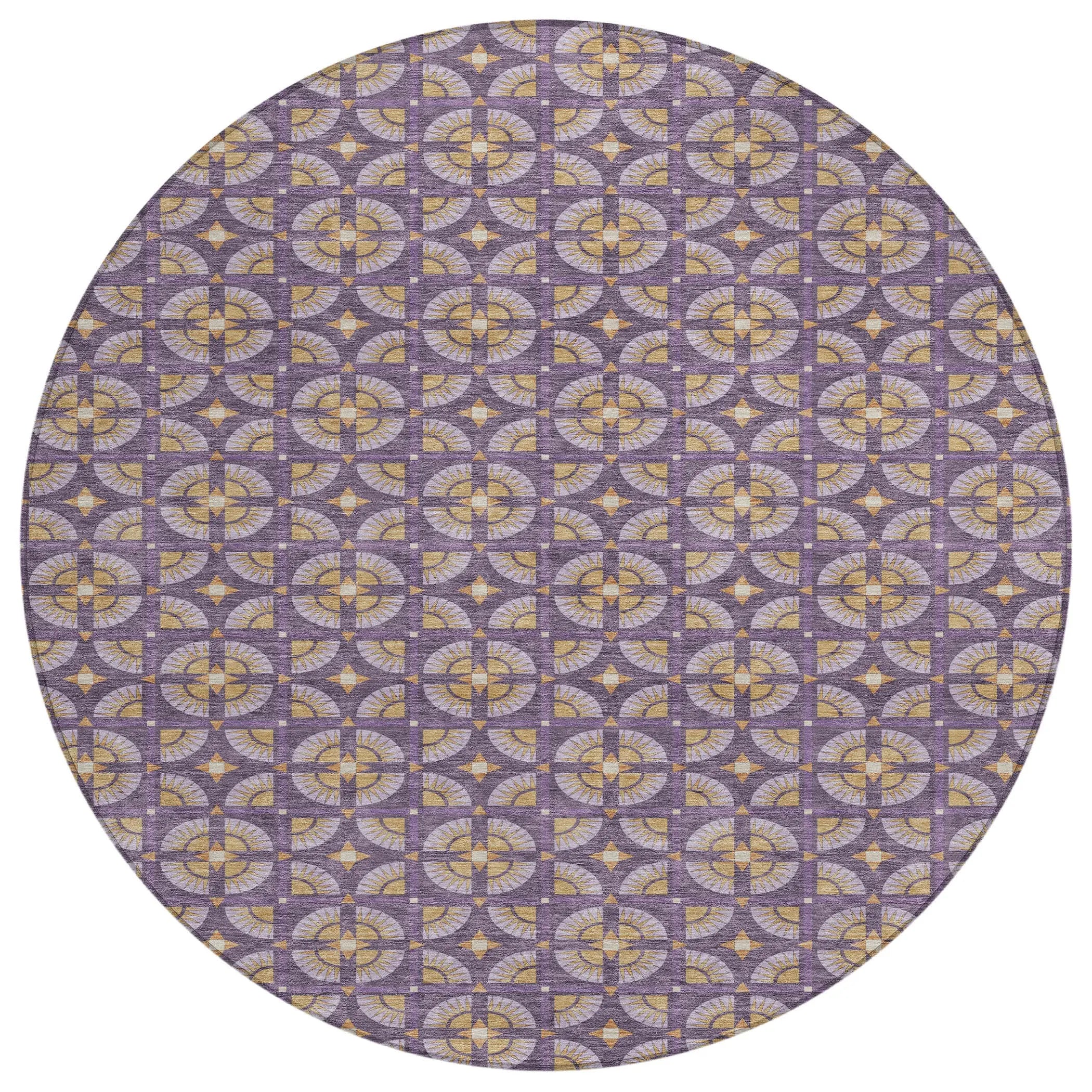 8' Purple And Gold Round Geometric Washable Indoor Outdoor Area Rug Homeroots Outdoor
