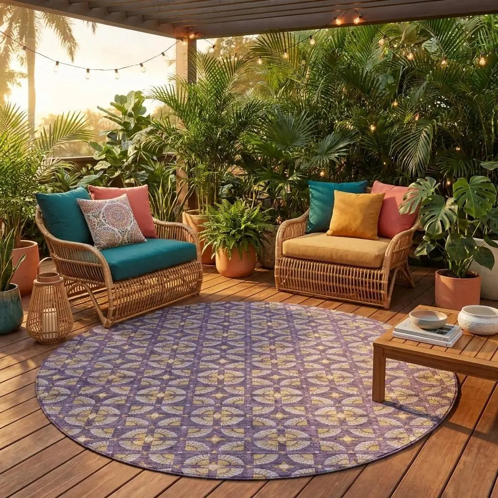 8' Purple And Gold Round Geometric Washable Indoor Outdoor Area Rug Homeroots Outdoor