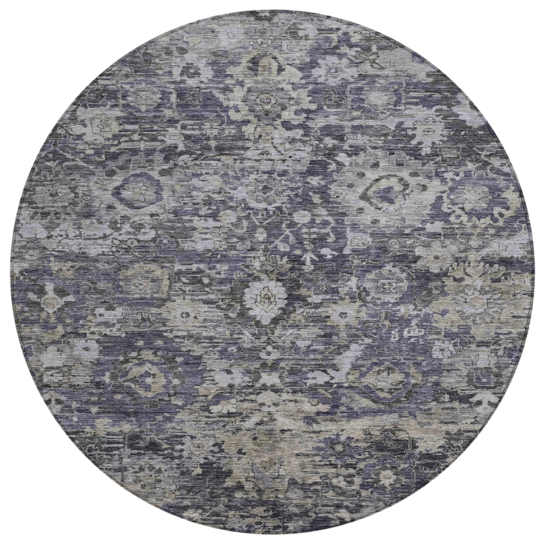8' Purple And Gray Round Floral Washable Indoor Outdoor Area Rug Homeroots Outdoor