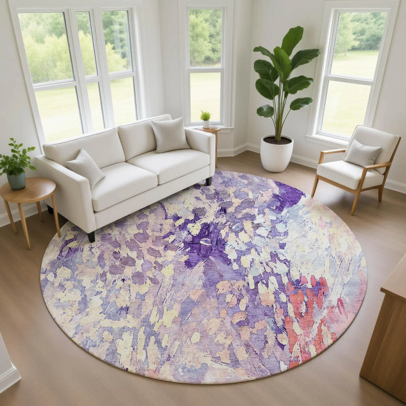 8' Purple And Lavender Round Abstract Washable Indoor Outdoor Area Rug Homeroots Outdoor